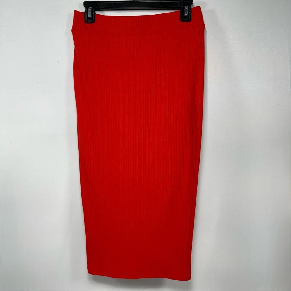 Burnt Orange Red Ribbed Knit Bar III Bodycon Midi Skirt Size M Medium - Picture 3 of 10